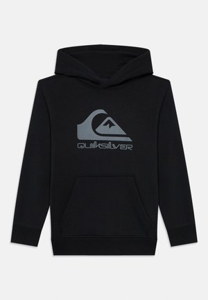 Black hooded sweatshirt made of cotton, featuring a large gray Quiksilver logo on the front, a kangaroo pocket, and ribbed cuffs.