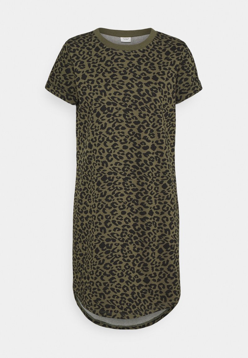 Robe courte olive, longueur genou, manches courtes, motif léopard noir et ourlet arrondi.