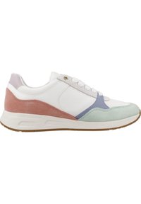 Zapatilla blanca con acentos en tonos pastel de rosa, azul y menta. Fabricada en cuero y ante, con una suela de goma texturizada. Diseño minimalista.