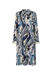 Langarmkleid mit Marmormuster in Blau, Creme und Marine. Verfügt über eine durchgehende Knopfleiste und einen Bindegürtel in der Taille.