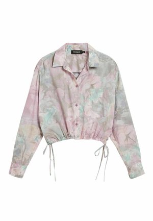Camicia corta a maniche lunghe con bottoni in colori pastello con motivo floreale, texture morbida, collo aperto e coulisse regolabile sull'orlo.