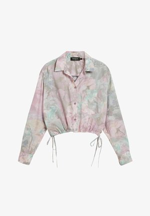 Koszula na guziki z długim rękawem, krótka, w pastelowych kolorach z kwiatowym wzorem, miękka w dotyku, z rozpiętym kołnierzem i regulowanym ściągaczem na dole.