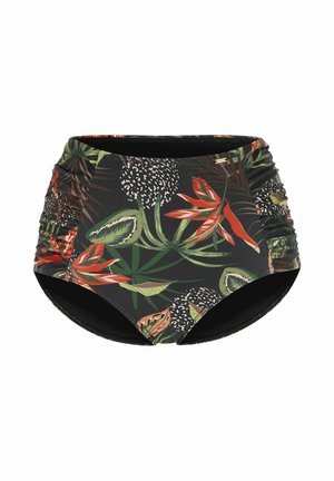 Hochgeschnittene Bikinihöschen für Damen mit tropischem grünem, rotem und beigem Blatt- und Blumenmuster auf schwarzem Stoff und gerafften Seitenteilen.