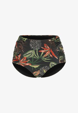 Hochgeschnittene Bikinihöschen für Damen mit tropischem grünem, rotem und beigem Blatt- und Blumenmuster auf schwarzem Stoff und gerafften Seitenteilen.