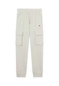 Helle graue Sweatpants aus weichem Material, mit zwei großen seitlichen Cargo-Taschen, einem elastischen Bund und gerippten Knöcheln.