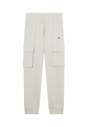 Pantaloni della tuta grigio chiaro realizzati in tessuto morbido, con due ampie tasche laterali a marsupio, un elastico in vita e fondo gamba a costine.