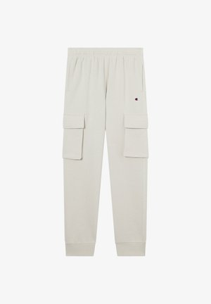 Helle graue Sweatpants aus weichem Material, mit zwei großen seitlichen Cargo-Taschen, einem elastischen Bund und gerippten Knöcheln.