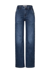 Vidbenade mörkblå jeans i denimtyg. Har sidostuds längs yttre sömmarna, fem fickor och knappstängning vid midjan.