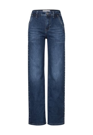 Jeans a gamba larga in denim blu scuro. Caratterizzati da borchie laterali lungo le cuciture esterne, cinque tasche e chiusura con bottone in vita.