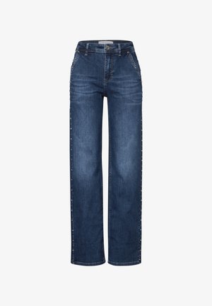 Weite dunkelblaue Jeans aus Denimstoff. Verfügt über Seitennieten entlang der äußeren Nähte, fünf Taschen und einen Knopfverschluss an der Taille.