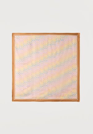 Foulard carré en soie avec un motif multicolore pastel et une bordure marron, logo "Coach" dans deux coins.