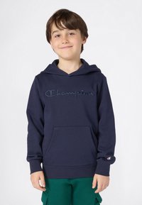 Ragazzo con capelli marroni che indossa un hoodie Champion navy e pantaloni verdi, in piedi e sorridente di fronte a uno sfondo bianco uniforme.