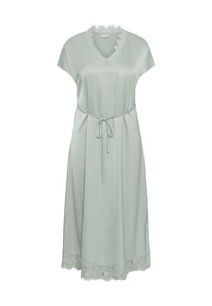 Svetlo zelena midi obleka z V-izrezom, čipko okras na izrezu in spodnjem robu, kratki rokavi in pas z zavezovanjem v pasu.
