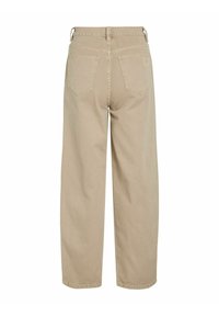 Jean beige à jambes larges avec une taille haute, doté de deux poches arrière et de détails cousus, confectionné en denim de coton robuste.