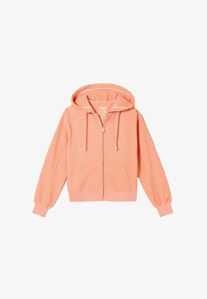 Korallenrosa Kapuzenpullover mit Reißverschluss und Kordeln, zwei Vordertaschen, gerippte Bündchen und Bund, flach auf weißem Hintergrund dargestellt.