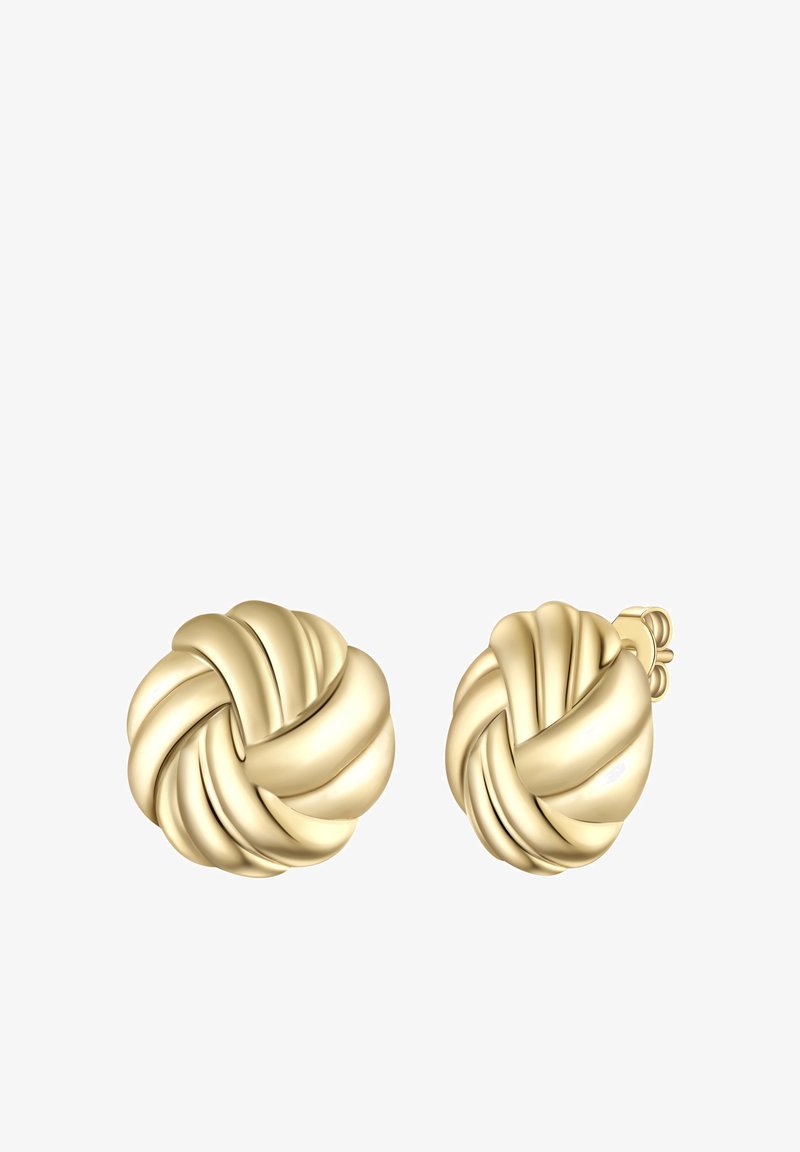 Auksiniai mazgų auskarai, turintys tekstūruotą, sluoksniuotą dizainą. Apvalios formos su poliruotu paviršiumi ir saugiu fiksavimu, užtikrinančiu patogų nešiojimą.