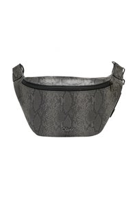 Graue Schlangenhaut-Mini-Gürteltasche mit Reißverschluss, entworfen in einer geschwungenen Form, mit einstellbarem Gurt und Logo-Akzent.