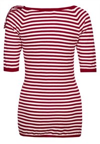 Top a righe rosse e bianche lavorato a maglia con maniche corte, scollo ampio e dettaglio a fiocco sulla spalla sinistra. Tessuto liscio. Design aderente.