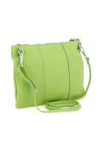 Piccola borsa a tracolla in pelle verde chiaro con cinturini rimovibili e ganci in argento su sfondo bianco.