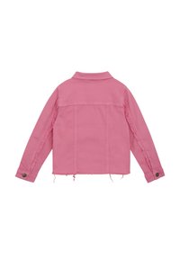 Pink denim jacket featuring a collar, long sleeves with ruffled seams, and frayed hem. Simple design with metal button accents.