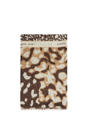 Brown and beige leopard print scarf with fringed edges, featuring the text "S. Oliver" and partial phrase "you are."