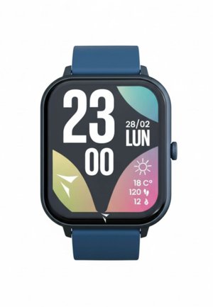 Smartwatch with blue strap showing time 23:00, date 28/02, weather 18°C, steps 120, and heart rate 12 on a colorful digital display.