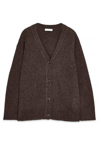 Rudas megztinis su V-formos iškirpte, ilgomis rankovėmis ir penkiomis mygtukų eilėmis priekyje. Minkšta tekstūra ir rausvos rankogaliai bei apačia.