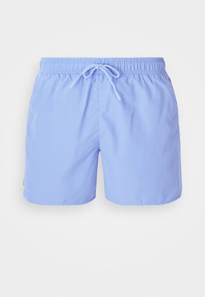 Hellblaue Badeshorts mit elastischem Bund, Kordelzug und Seitentaschen. Glattes, leichtes Material, das einen lockeren Sitz bietet.