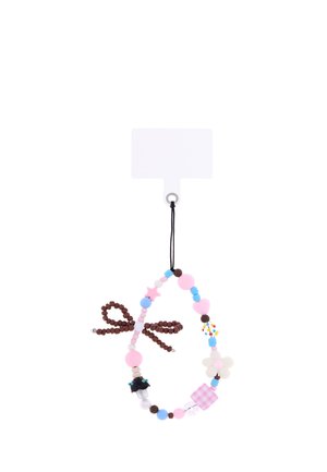 Buntes Perlenarmband mit rosa, blauen, braunen Perlen, Blumen- und Sternmotiven sowie einer braunen Perlen-Schleife, die an einer schwarzen Schnur hängt.