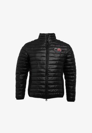 Zwarte gewatteerde jas met een hoge kraag, ritssluiting en een klein logo op de borst. Heeft een gewatteerde textuur en een gladde afwerking.