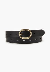 Ceinture en cuir noir avec une boucle en laiton ovale. Présente plusieurs trous pour un ajustement de taille. Texture lisse avec un design classique et minimal.