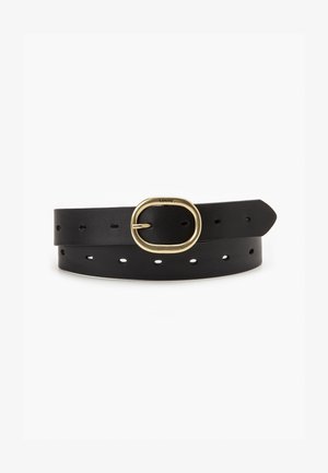Black leather belt with an oval brass buckle. Features multiple holes for size adjustment. Smooth texture with a classic, minimal design.
