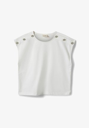 Witte mouwloze top met ronde halslijn en zes metalen decoratieve knopen langs de schoudernaden.