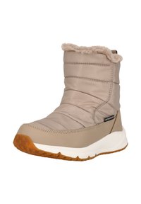 Beige wasserdichte Stiefel mit gestepptem Textil-Obermaterial, Kunstfellbesatz und Gummisohle. Mit abgerundeter Zehenpartie und Profilen auf der Außensohle.