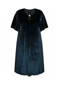 Sametti mekko tummansinisena, jossa on levenevät lyhyet hihat. Mekossa on korukoriste kaula-aukossa ja sileä, miellyttävä pinta.