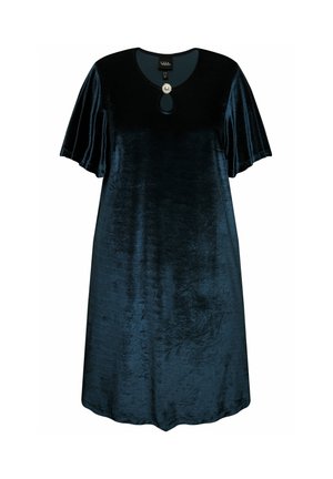 Samtkleid in Dunkelblau mit einem Design mit schwingenden kurzen Ärmeln. Beinhaltet einen Juwelenakzent am Dekolleté und eine glatte, strukturierte Oberfläche.