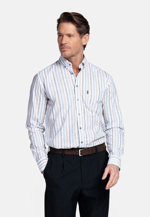 Man met bruin haar die een lichtblauw en beige gestreept overhemd draagt, ingestopt in een zwarte broek met een bruine riem.