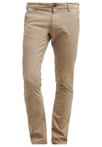 Khaki chinos vyrobené z hladké látky, s pravoúhlým střihem nohavic, předními kapsami a jednobodovým zapínáním na knoflík v pase.