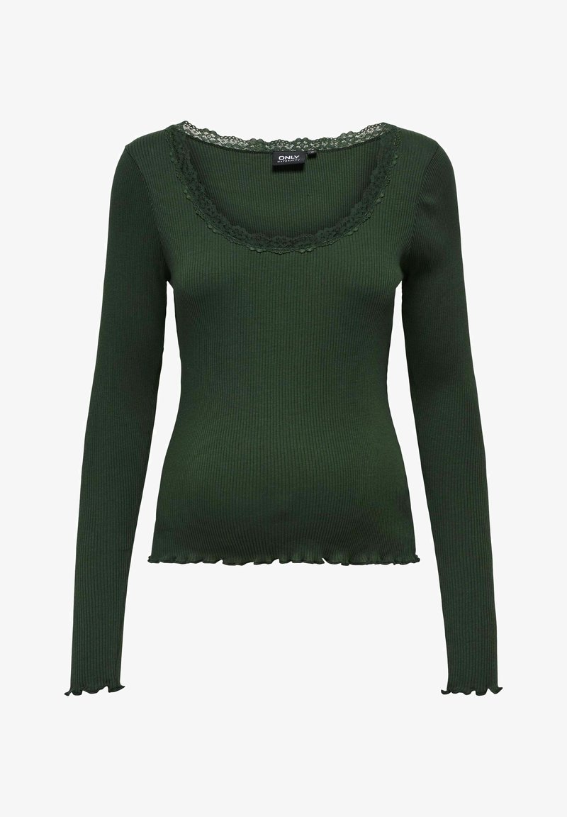 Dunkelgrünes, geripptes Langarmoberteil mit einem U-Ausschnitt mit Spitzenbesatz und Rüschendetails an der Saumkante. Figurbetontes Design und weiche Textur.