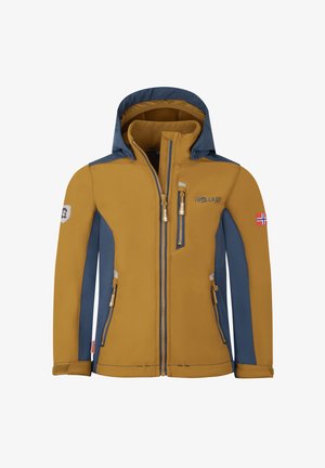 Giacca per bambini bicolore gialla e blu navy con tasche con zip, cappuccio regolabile e logo. Presenta pannelli laterali e polsini in contrasto.