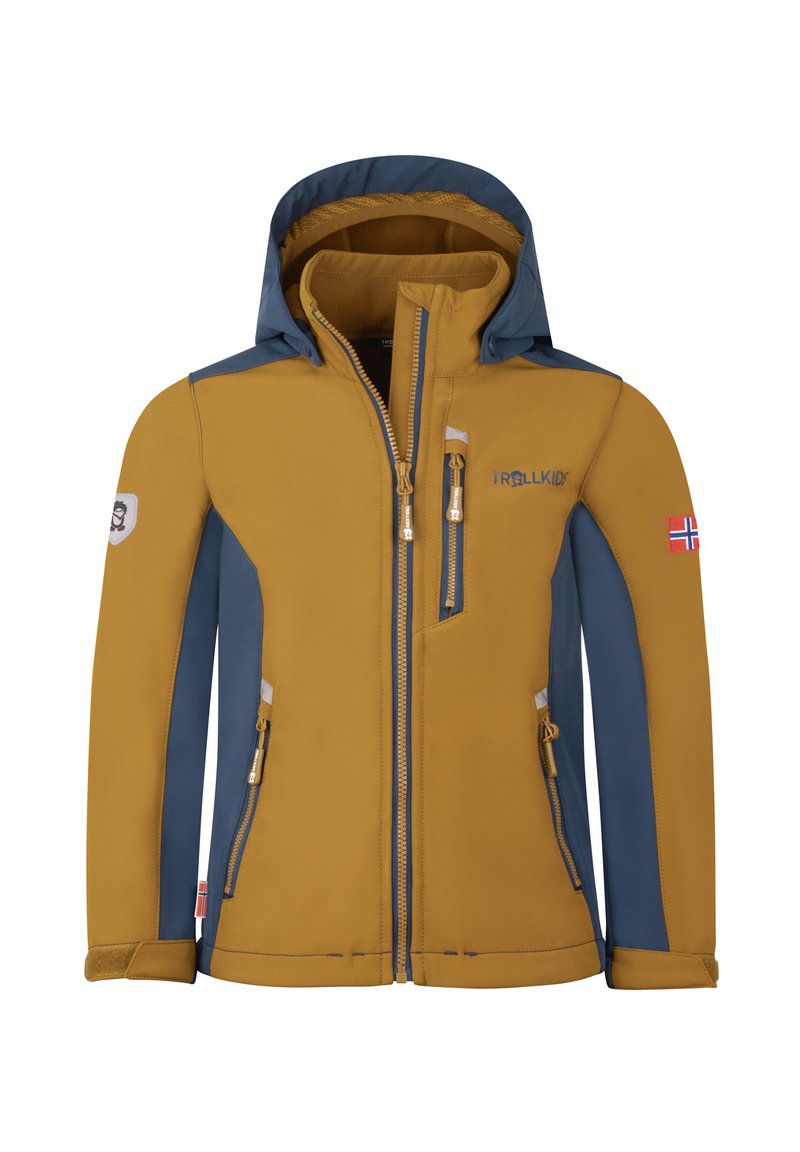Veste pour enfants bicolore jaune et marine avec poches zippées, capuche ajustable et logo. Comprend des panneaux latéraux et des poignets contrastants.