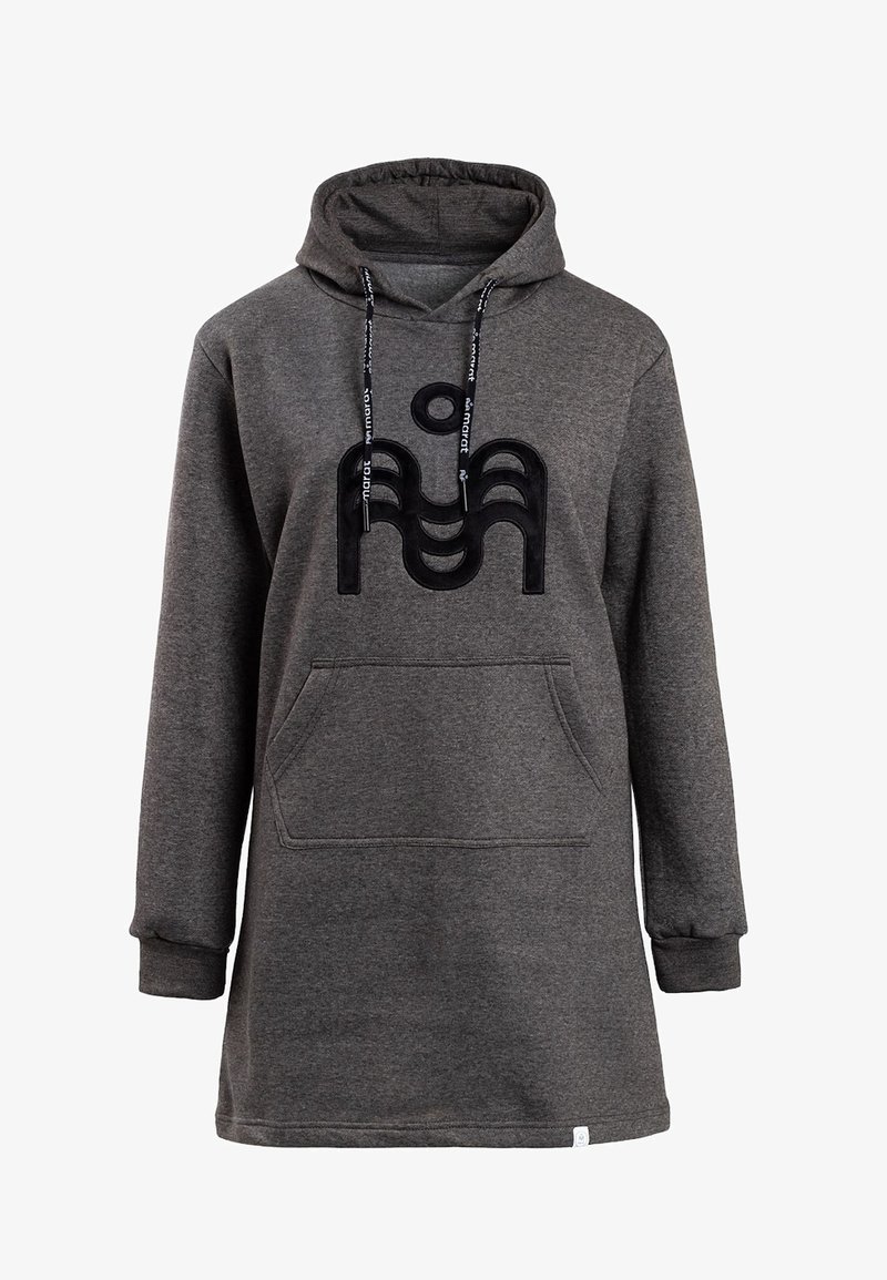 Gray hoodie dress made of soft fabric, featuring a large black logo on the front, drawstrings, and a kangaroo pocket. Long sleeves.