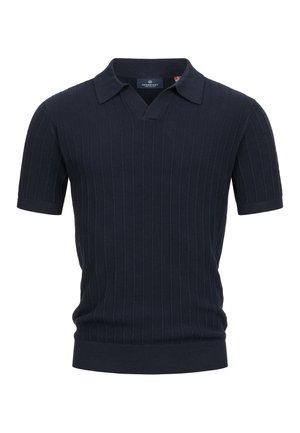 Marineblauw gebreid polohemd met korte mouwen, ribgebreide verticale strepen, een kraag en een V-hals.
