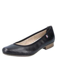 Schwarze Leder-Ballerinas mit runder Zehenpartie, niedrigem Holzabsatz und elastischem Besatz. Verfügt über ein dezentes Logo und Streifen an der Seite.