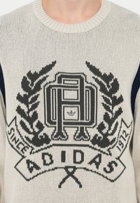 Pletena pulover v kremni barvi z mornarsko modrimi akcenti; vsebuje velik črn grafični element, vključno z logotipom Adidas in dekorativnim vzorcem lovorovega venca.