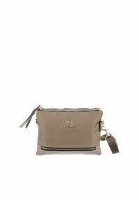 Sac bandoulière taupe avec poche zippée à l'avant, logo épées croisées argentées, et bandoulière amovible sur fond blanc.