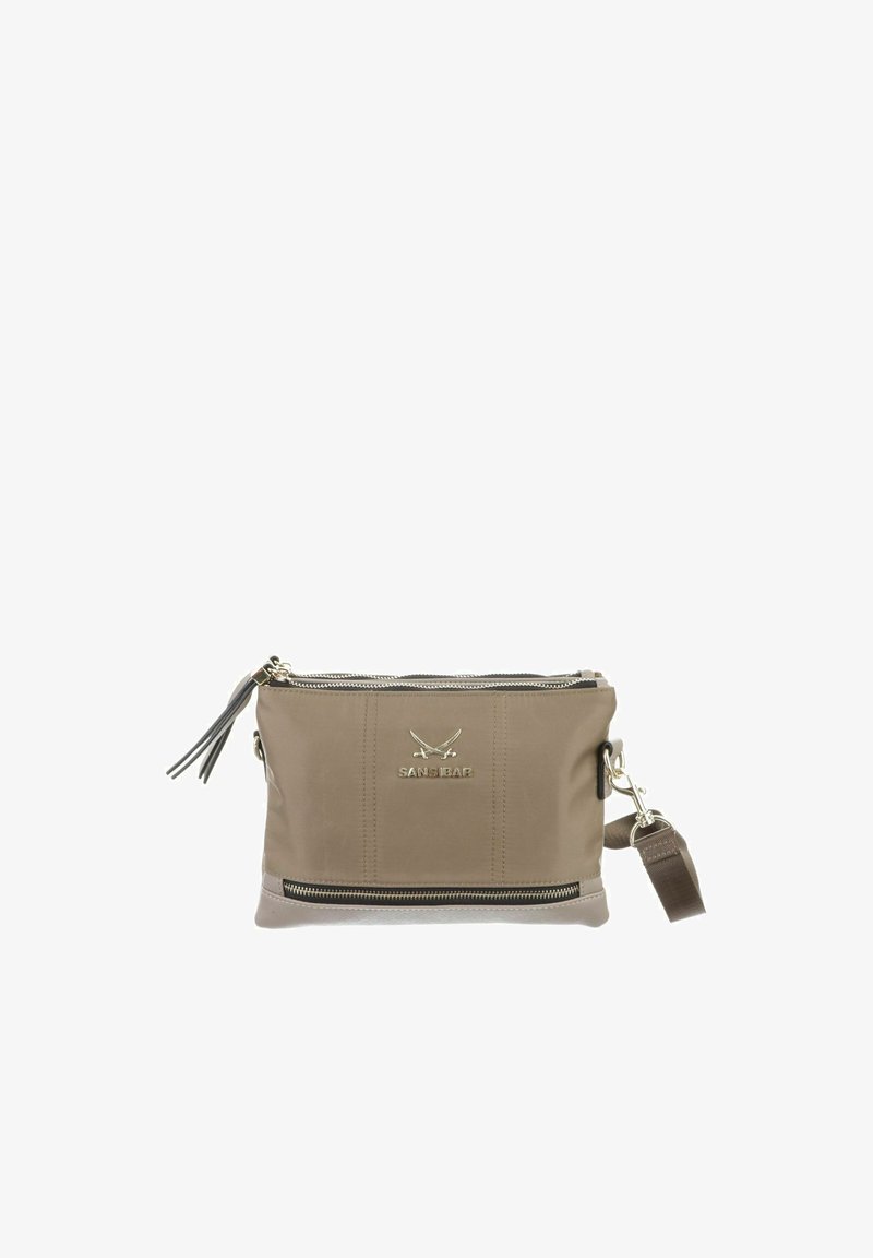 Sac bandoulière taupe avec poche zippée à l'avant, logo épées croisées argentées, et bandoulière amovible sur fond blanc.