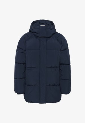 Dunkelblauer, gepolsterter Winterjacke mit Kapuze, langen Ärmeln und gestepptem horizontalem Nähten, entworfen für kaltes Wetter.