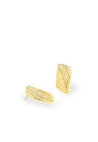 Guldtonede trekantede studs med ribbede diagonale riller og glatte sektioner, vist mod en hvid baggrund.