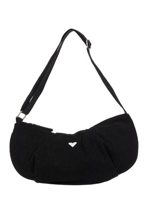 Black corduroy shoulder bag with ruched detail, adjustable strap, small silver heart emblem, and top zipper closure.